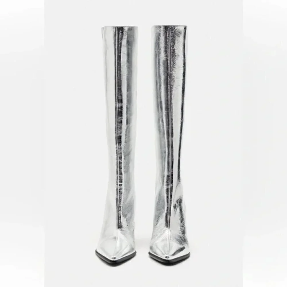 ZARA 100% LEATHER METALLIC HEELED KNEE HIGH BOOTS - Picture 9 of 13